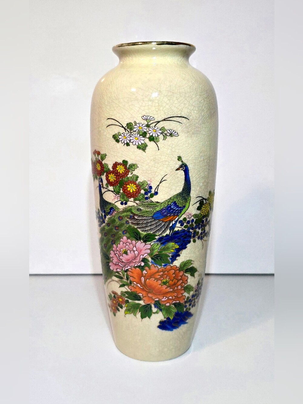 Japanese Kutani Peacock Floral 8.75" Vase Vintage Asian Ceramic Home Decor